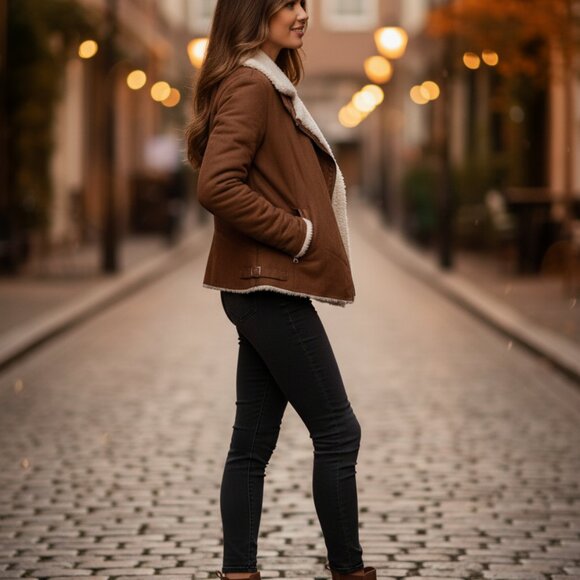 🔥 INDEX Women's Faux Shearling Aviator Biker Jacket – Size (L) - Picture 3 of 8